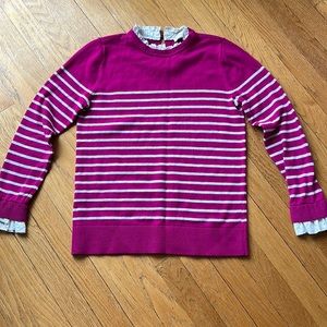 Dark Pink & Gray Loft Sweater with white ruffle details, size small EUC